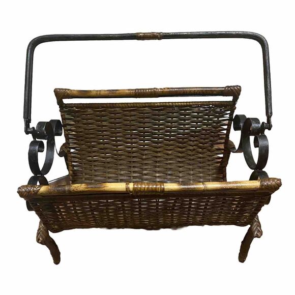 Wicker Rattan Bamboo Cane Wrought Iron Vintage Towel Magazine Rack MCM Bohemian - Picture 2 of 16